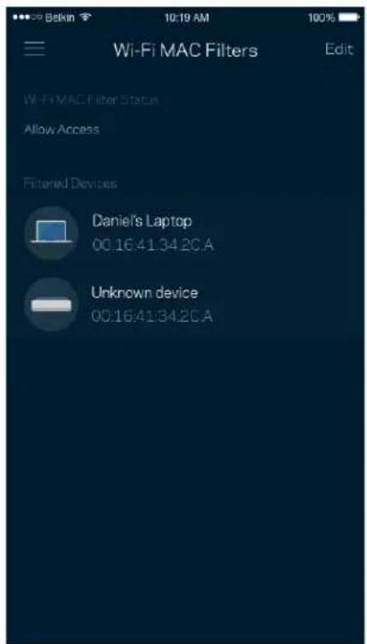 Wi-Fi MAC Filters Edit Wi-Fi MAC Filter Status Allow Access Filtered Devices Daniel's Laptop 00:16:41 34:20 A Unknown device 00:16:41 34:20 A
