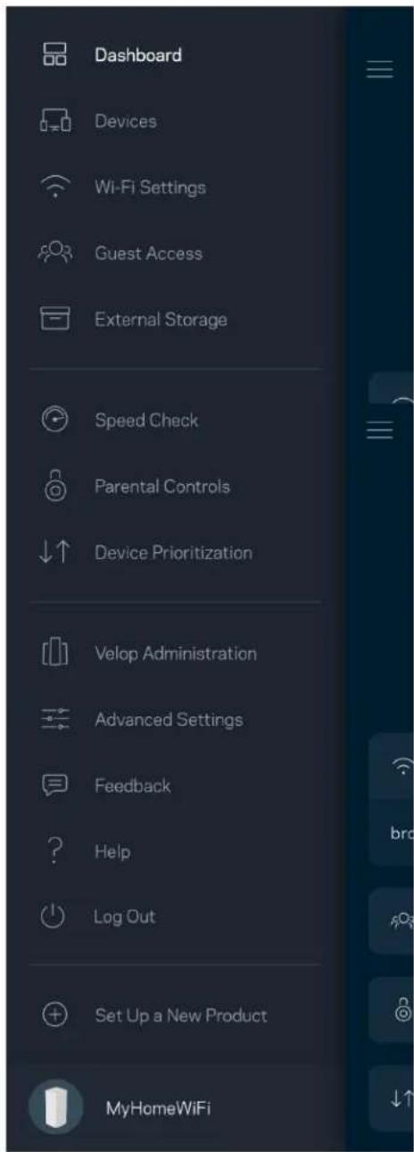 Dashboard Devices Wi-Fi Settings Guest Access External Storage Speed Check Parental Controls Device Prioritization Velop Administration Advanced Settings Feedback Help Log Out Set Up a New Product MyHomeWiFi
