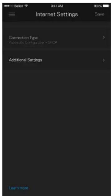 Bekin 9:41 AM 100% Internet Settings Save Connection Type Automatic Configuration-SHOP Additional Settings Learn more