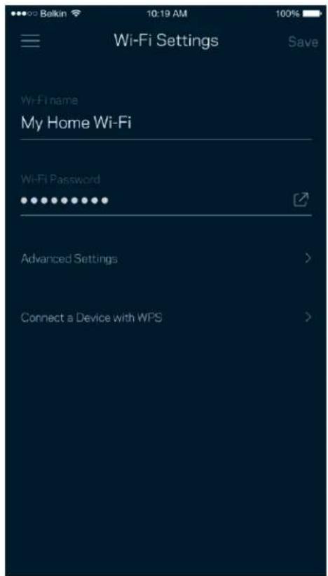 Wi-Fi Settings Save Wi-Fi name My Home Wi-Fi Wi-Fi Password Advanced Settings > Connect a Device with WPS >