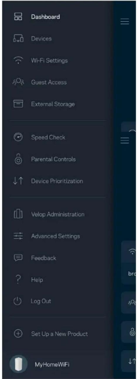 Dashboard Devices Wi-Fi Settings Guest Access External Storage Speed Check Parental Controls Device Prioritization Velop Administration Advanced Settings Feedback Help Log Out Set Up a New Product MyHomeWiFi