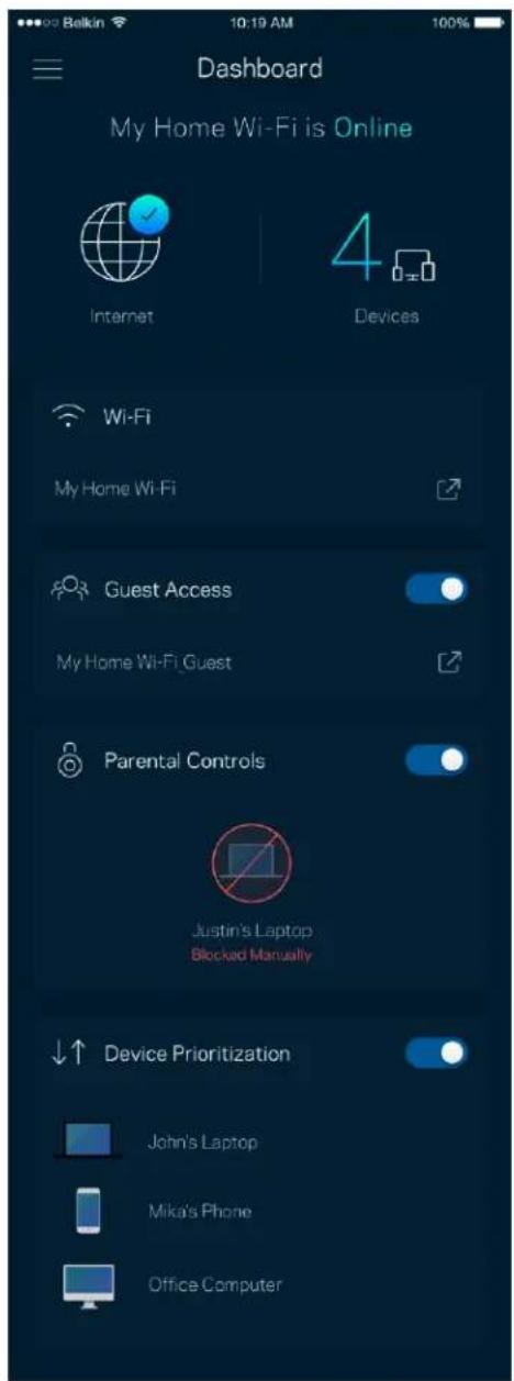 Dashboard My Home Wi-Fi is Online Internet 4 Devices Wi-Fi My Home Wi-Fi Guest Access My Home Wi-Fi Guest Parental Controls Justin's Laptop Blocked Manually Device Prioritization John's Laptop Mika's Phone Office Computer