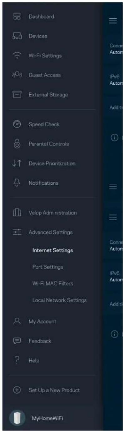 Dashboard Devices Wi-Fi Settings Guest Access External Storage Speed Check Parental Controls Device Prioritization Notifications Velop Administration Advanced Settings Internet Settings Port Settings Wi-Fi MAC Filters Local Network Settings My Account Feedback Help Set Up a New Product MyHomeWiFi