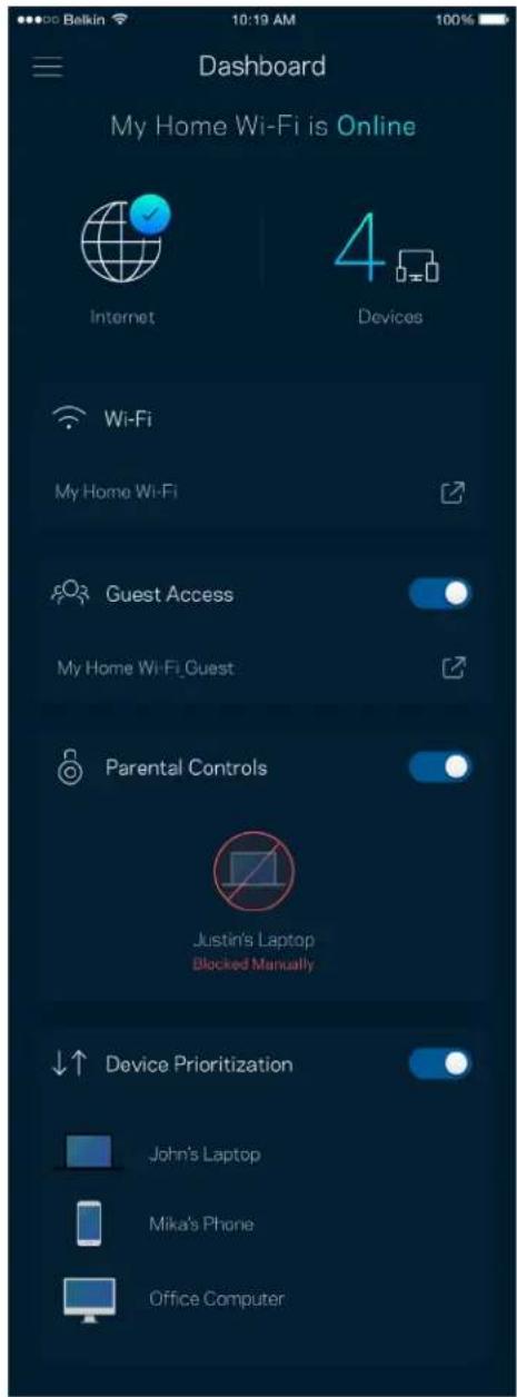 Dashboard My Home Wi-Fi is Online Internet 4 Devices Wi-Fi My Home Wi-Fi Guest Access My Home Wi-Fi Guest Parental Controls Justin's Laptop Blocked Manually Device Prioritization John's Laptop Mika's Phone Office Computer