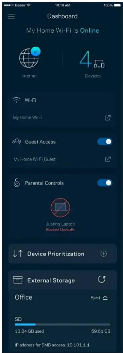 Dashboard My Home Wi-Fi is Online Internet 4 Devices Wi-Fi My Home Wi-Fi Guest Access My Home Wi-Fi_Guest Parental Controls Justin's Laptop Blocked Manually Device Prioritization External Storage Office Eject SD 13.04 GB used 59.61 GB IP address for SMB access: 10.101.1.1