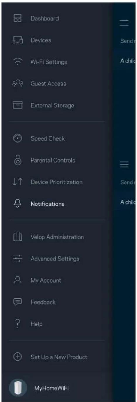 Dashboard Devices Wi-Fi Settings Guest Access External Storage Speed Check Parental Controls Device Prioritization Notifications Velop Administration Advanced Settings My Account Feedback Help Set Up a New Product MyHomeWiFi