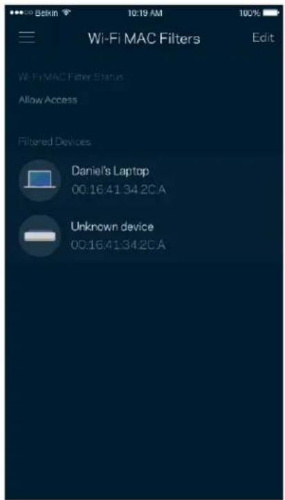 Wi-Fi MAC Filters Edit Wi-Fi MAC Filter Status Allow Access Filtered Devices Daniel's Laptop 00:16:41:34:20A Unknown device 00:16:41:34:20A