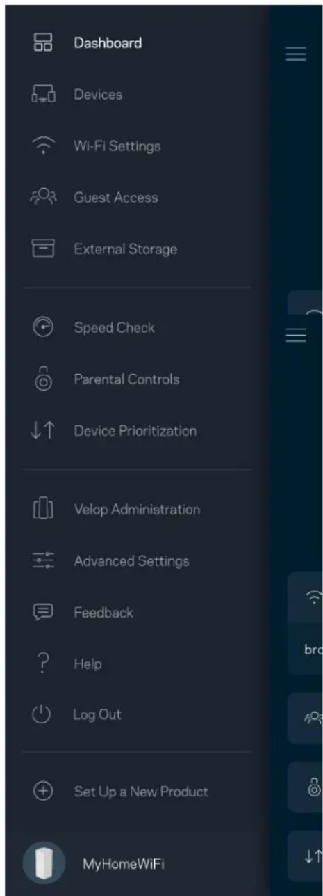 Dashboard Devices Wi-Fi Settings Guest Access External Storage Speed Check Parental Controls ↓↑ Device Prioritization Velop Administration Advanced Settings Feedback ? Help Log Out Set Up a New Product MyHomeWiFi