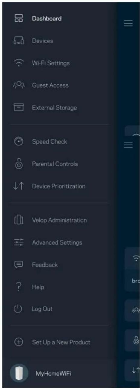 Dashboard Devices Wi-Fi Settings Guest Access External Storage Speed Check Parental Controls Device Prioritization Velop Administration Advanced Settings Feedback Help Log Out Set Up a New Product MyHomeWiFi