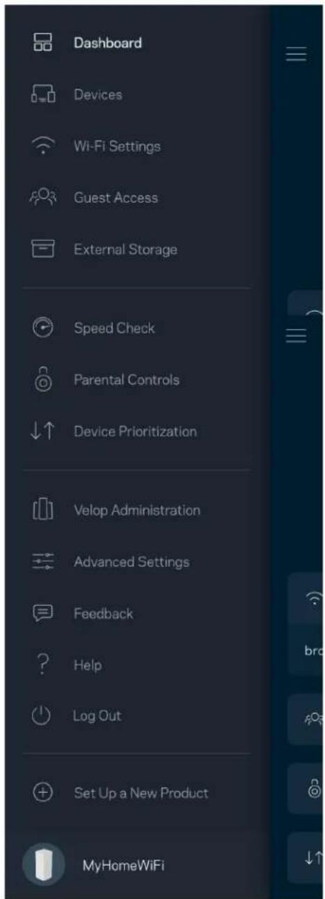 Dashboard Devices Wi-Fi Settings Guest Access External Storage Speed Check Parental Controls Device Prioritization Velop Administration Advanced Settings Feedback Help Log Out Set Up a New Product MyHomeWiFi