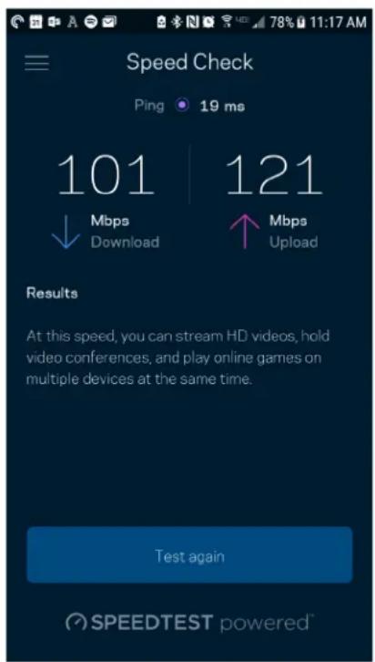 Speed Check Ping 19 ms 101 121 ↓ Mbps ↑ Mbps Download Upload Results At this speed, you can stream HD videos, hold video conferences, and play online games on multiple devices at the same time. Test again SPEEDTEST powered