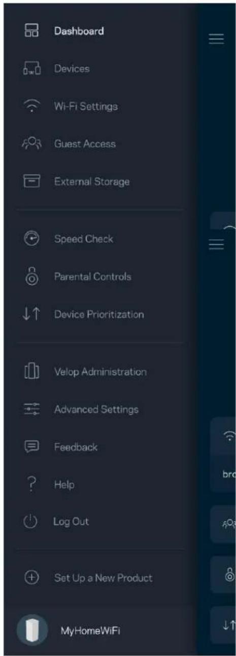 Dashboard Devices Wi-Fi Settings Guest Access External Storage Speed Check Parental Controls Device Prioritization Velop Administration Advanced Settings Feedback Help Log Out Set Up a New Product MyHomeWiFi