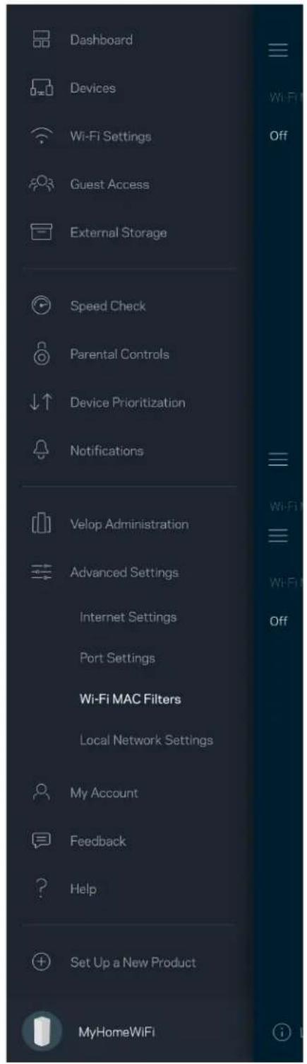 Dashboard Devices Wi-Fi Settings Guest Access External Storage Speed Check Parental Controls Device Prioritization Notifications Velop Administration Advanced Settings Internet Settings Port Settings Wi-Fi MAC Filters Local Network Settings My Account Feedback Help Set Up a New Product MyHomeWiFi