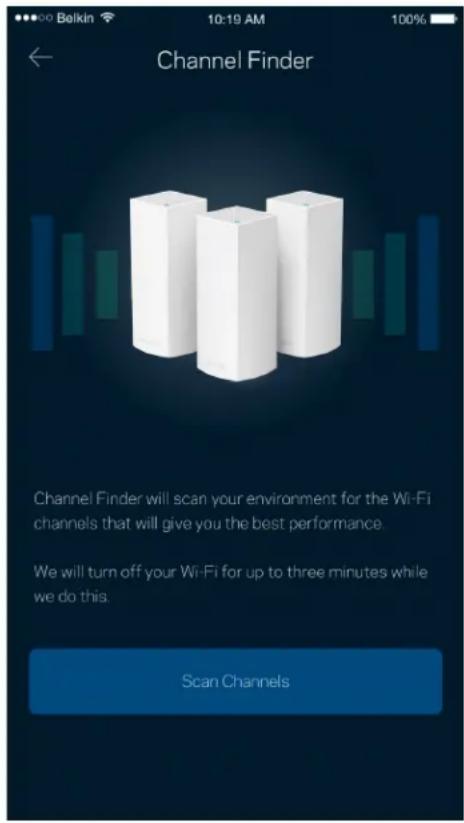 Channel Finder Channel Finder will scan your environment for the Wi-Fi channels that will give you the best performance. We will turn off your Wi-Fi for up to three minutes while we do this. Scan Channels