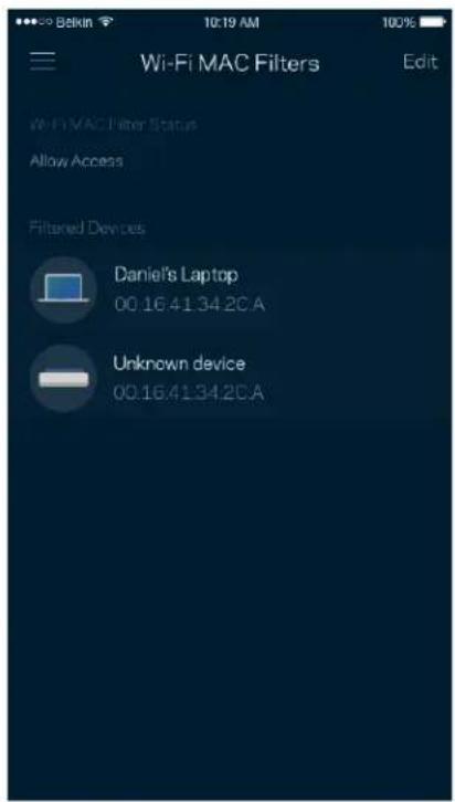 Wi-Fi MAC Filters Edit Wi-Fi MAC Filter Status Allow Access Filtered Devices Daniel's Laptop 00.16.41.34.2C.A Unknown device 00.16.41.34.2C.A