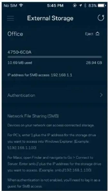 No SIM 5:45 PM 83% External Storage Office Eject 4750-6C0A 10.69 MB used 28.94 GB IP address for SMB access: 192.168.1.1 Authentication > Network File Sharing (SMB) Devices on your network can access connected storage. For PC's, enter \\ plus the IP address for the storage drive you want to access into Windows Explorer. (Example: \192.168.1.100) For Macs, open Finder and navigate to Go > Connect to Server. Enter smb // plus the IP address for the storage drive you want to access. (Example: smb //192.168.1.100) When authentication is not enabled, you'll need to log in as a guest for SMB access.
