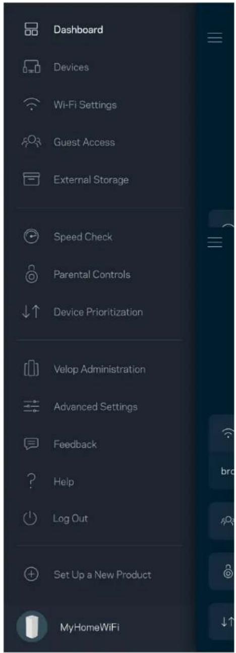 Dashboard Devices Wi-Fi Settings Guest Access External Storage Speed Check Parental Controls Device Prioritization Velop Administration Advanced Settings Feedback Help Log Out Set Up a New Product MyHomeWiFi