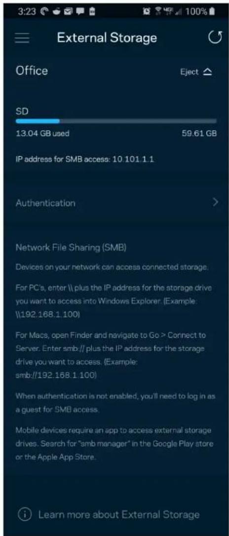 External Storage Office Eject SD 13.04 GB used 59.61 GB IP address for SMB access: 10.101.1.1 Authentication Network File Sharing (SMB) Devices on your network can access connected storage. For PC's, enter \\ plus the IP address for the storage drive you want to access into Windows Explorer. (Example: \\192.168.1.100) For Macs, open Finder and navigate to Go > Connect to Server. Enter smb:// plus the IP address for the storage drive you want to access. (Example: smb://192.168.1.100) When authentication is not enabled, you'll need to log in as a guest for SMB access. Mobile devices require an app to access external storage drives. Search for "smb manager" in the Google Play store or the Apple App Store. Learn more about External Storage