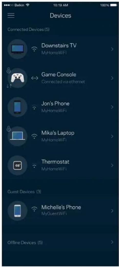 Belkin 10:19 AM 100% Devices Connected Devices (5) Downstairs TV MyHomeWiFi Game Console Connected via ethernet Jon's Phone MyHomeWiFi Mika's Laptop MyHomeWiFi Thermostat MyHomeWiFi Guest Devices (3) Michelle's Phone MyGuestWiFi Offline Devices (5)