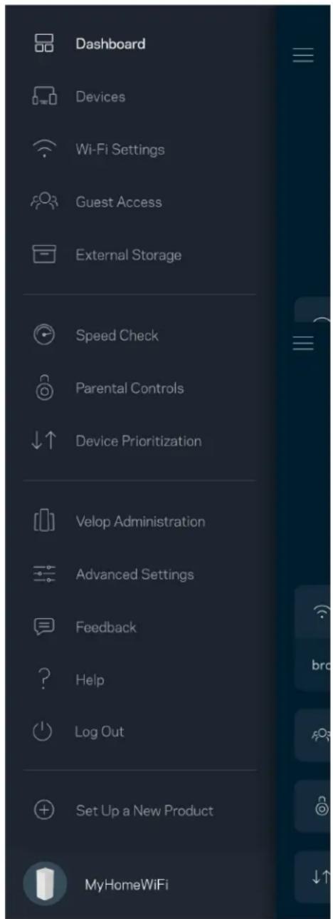 Dashboard Devices Wi-Fi Settings Guest Access External Storage Speed Check Parental Controls ↓↑ Device Prioritization Velop Administration Advanced Settings Feedback ? Help Log Out Set Up a New Product MyHomeWiFi