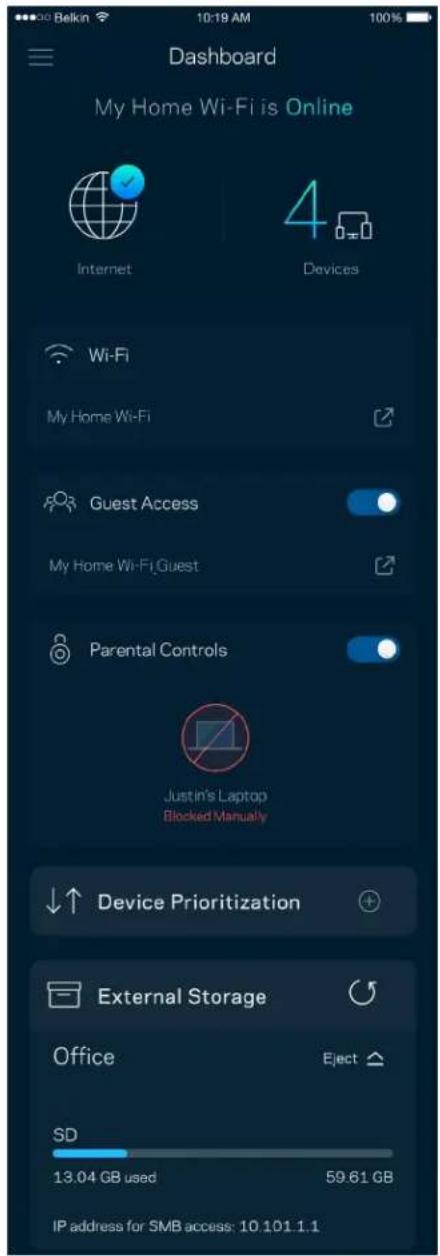 Dashboard My Home Wi-Fi is Online Internet 4 Devices Wi-Fi My Home Wi-Fi Guest Access My Home Wi-Fi, Guest Parental Controls Justin's Laptop Blocked Manually Device Prioritization External Storage Office Eject SD 13.04 GB used 59.61 GB IP address for SMB access: 10.101.1.1