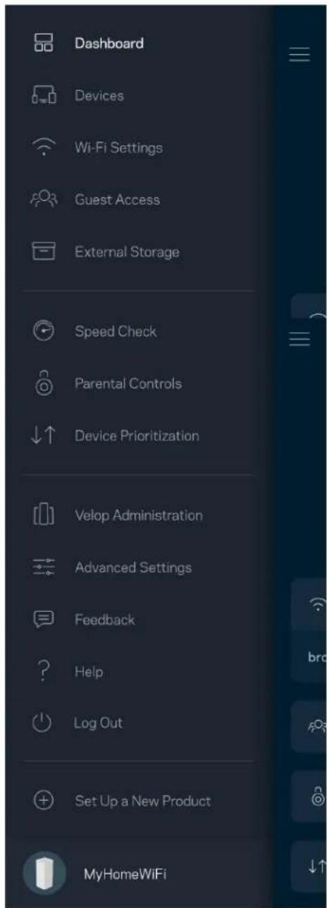 Dashboard Devices Wi-Fi Settings Guest Access External Storage Speed Check Parental Controls Device Prioritization Velop Administration Advanced Settings Feedback Help Log Out Set Up a New Product MyHomeWiFi