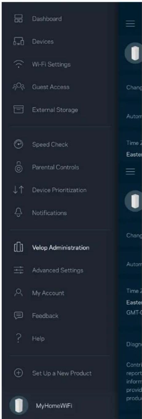 Dashboard Devices Wi-Fi Settings Guest Access External Storage Speed Check Parental Controls Device Prioritization Notifications Velop Administration Advanced Settings My Account Feedback Help Set Up a New Product MyHomeWiFi