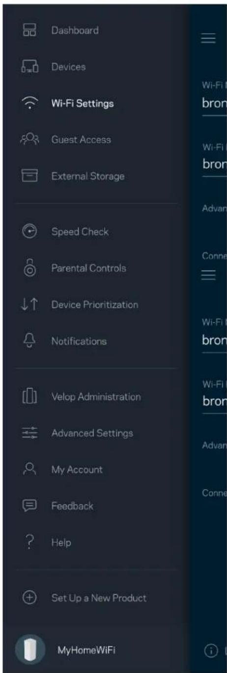Dashboard Devices Wi-Fi Settings Guest Access External Storage Speed Check Parental Controls Device Prioritization Notifications Velop Administration Advanced Settings My Account Feedback Help Set Up a New Product MyHomeWiFi