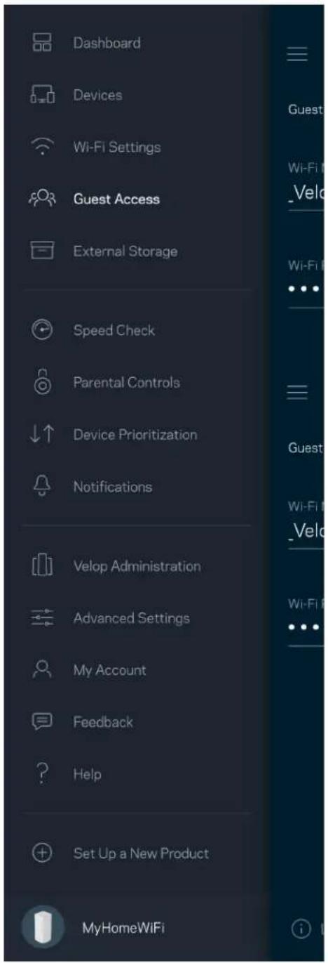 Dashboard Devices Wi-Fi Settings Guest Access External Storage Speed Check Parental Controls Device Prioritization Notifications Velop Administration Advanced Settings My Account Feedback Help Set Up a New Product MyHomeWiFi