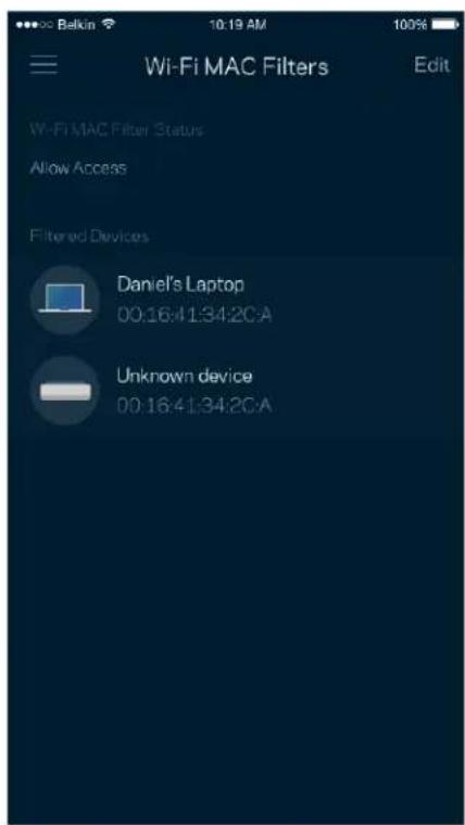 Wi-Fi MAC Filters Edit Wi-Fi MAC Filter Status Allow Access Filtered Devices Daniel's Laptop 00:16:41:34:20A Unknown device 00:16:41:34:20A