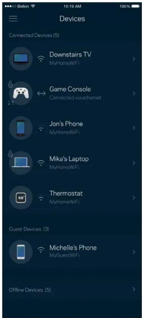 Belkin 10:19 AM 100% Devices Connected Devices (5) Downstairs TV MyHomeWiFi Game Console Connected via ethernet Jon's Phone MyHomeWiFi Mika's Laptop MyHomeWiFi Thermostat MyHomeWiFi Guest Devices (3) Michelle's Phone MyGuestWiFi Offline Devices (5)