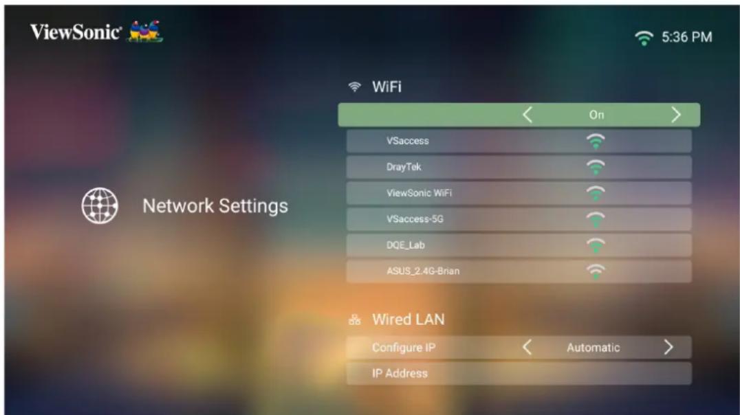 ViewSonic 5:36 PM Network Settings WiFi On VSaccess DrayTek ViewSonic WiFi VSaccess-5G DQE_Lab ASUS_2.4G-Brian Wired LAN Configure IP Automatic IP Address