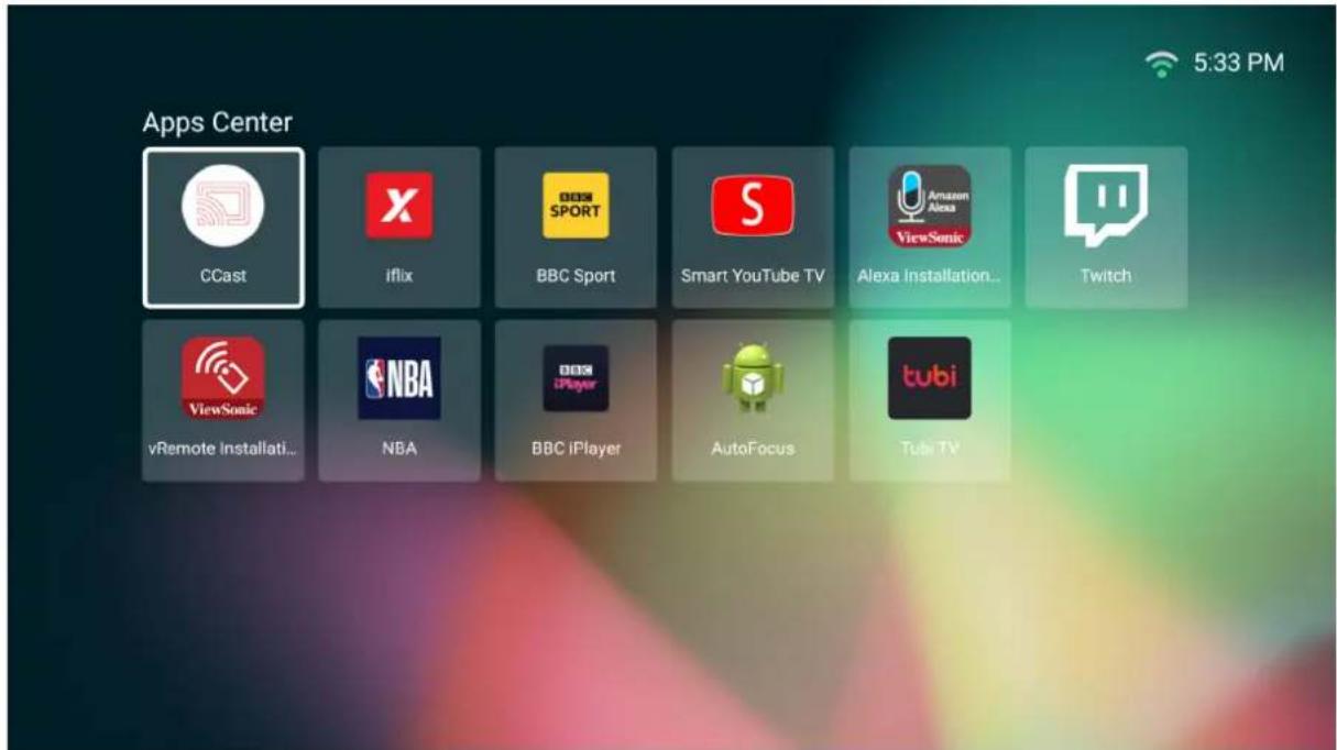 Apps Center CCast iflix BBC Sport Smart YouTube TV Alexa Installation... Twitch ViewSonic vRemote Installati... NBA BBC iPlayer AutoFocus tubi TV 5:33 PM