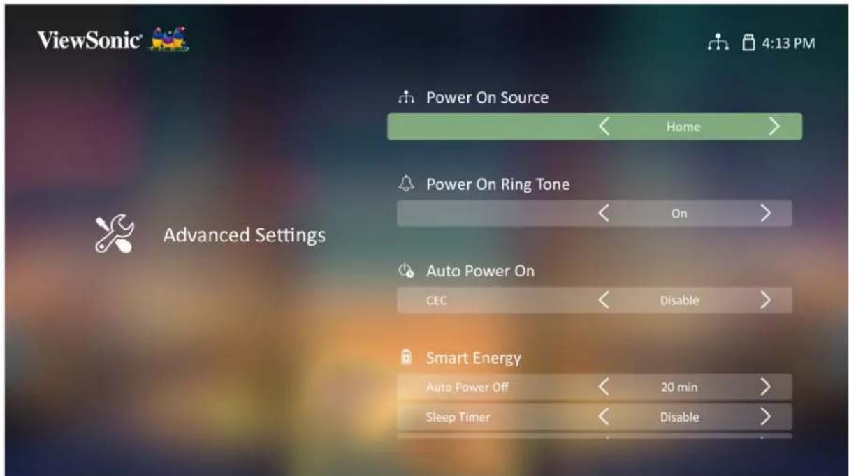 ViewSonic 4:13 PM Power On Source Home > Power On Ring Tone On > Auto Power On CEC Disable > Smart Energy Auto Power Off 20 min > Sleep Timer Disable >
