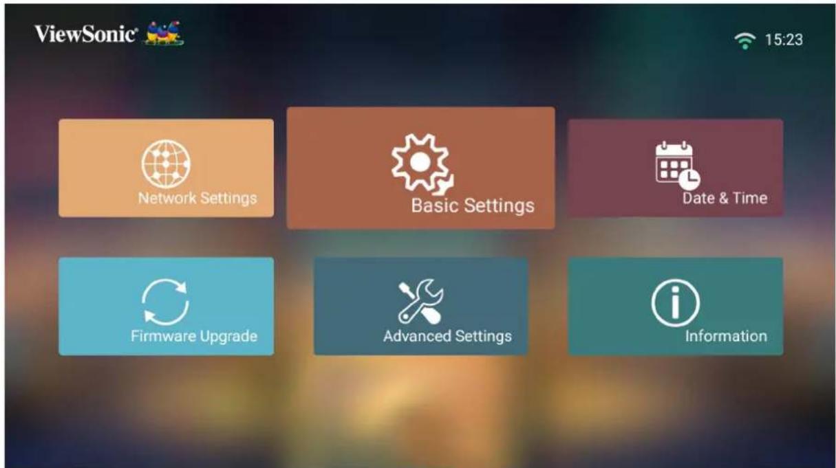 ViewSonic® 15:23 Network Settings Basic Settings Date & Time Firmware Upgrade Advanced Settings Information
