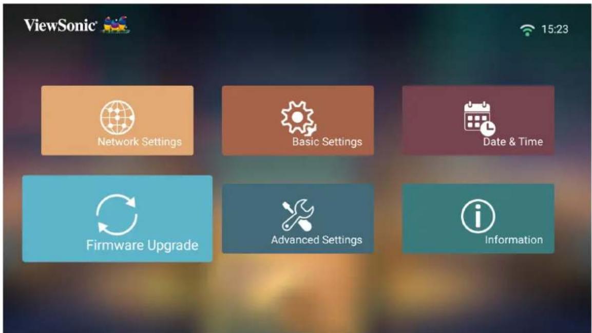 ViewSonic® 15:23 Network Settings Basic Settings Date & Time Firmware Upgrade Advanced Settings Information