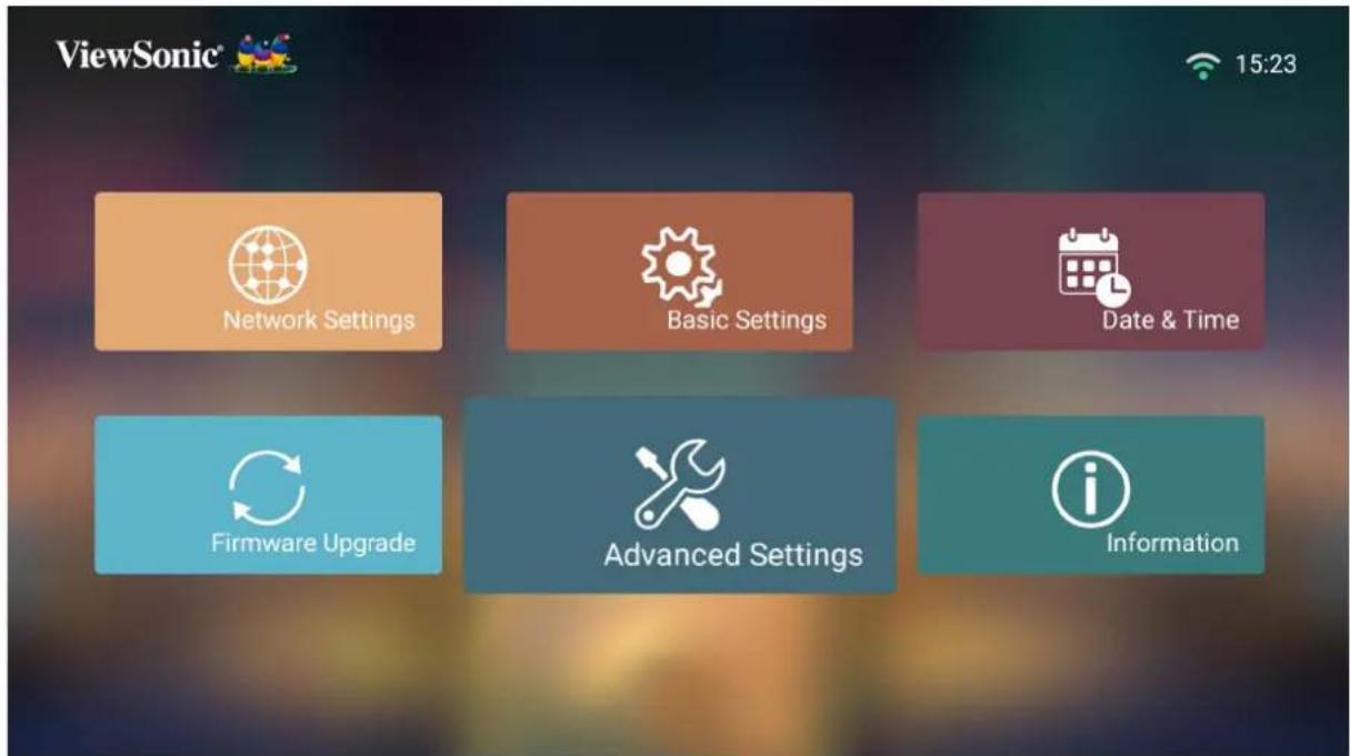 ViewSonic® 15:23 Network Settings Basic Settings Date & Time Firmware Upgrade Advanced Settings Information