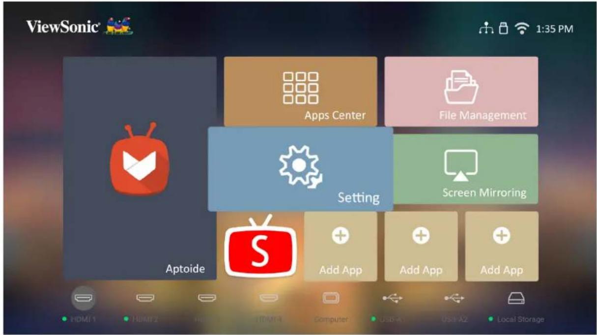 ViewSonic® 1:35 PM Apps Center File Management Setting Screen Mirroring Aptoide Add App Add App Add App HDMI 1 HDMI 2 HDMI 3 HDMI 4 Computer USB-A1 USB-A2 Local Storage