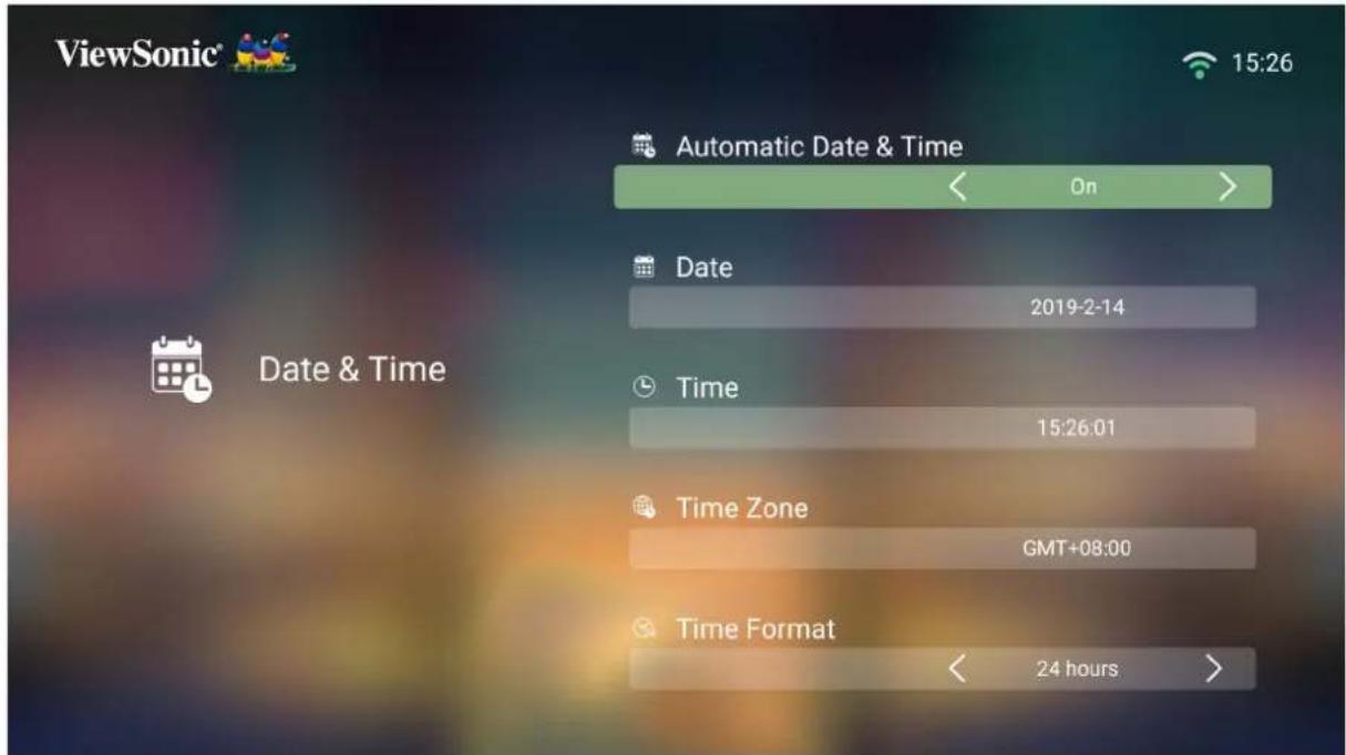 ViewSonic® 15:26 Automatic Date & Time On Date 2019-2-14 Time 15:26:01 Time Zone GMT+08:00 Time Format 24 hours Date & Time