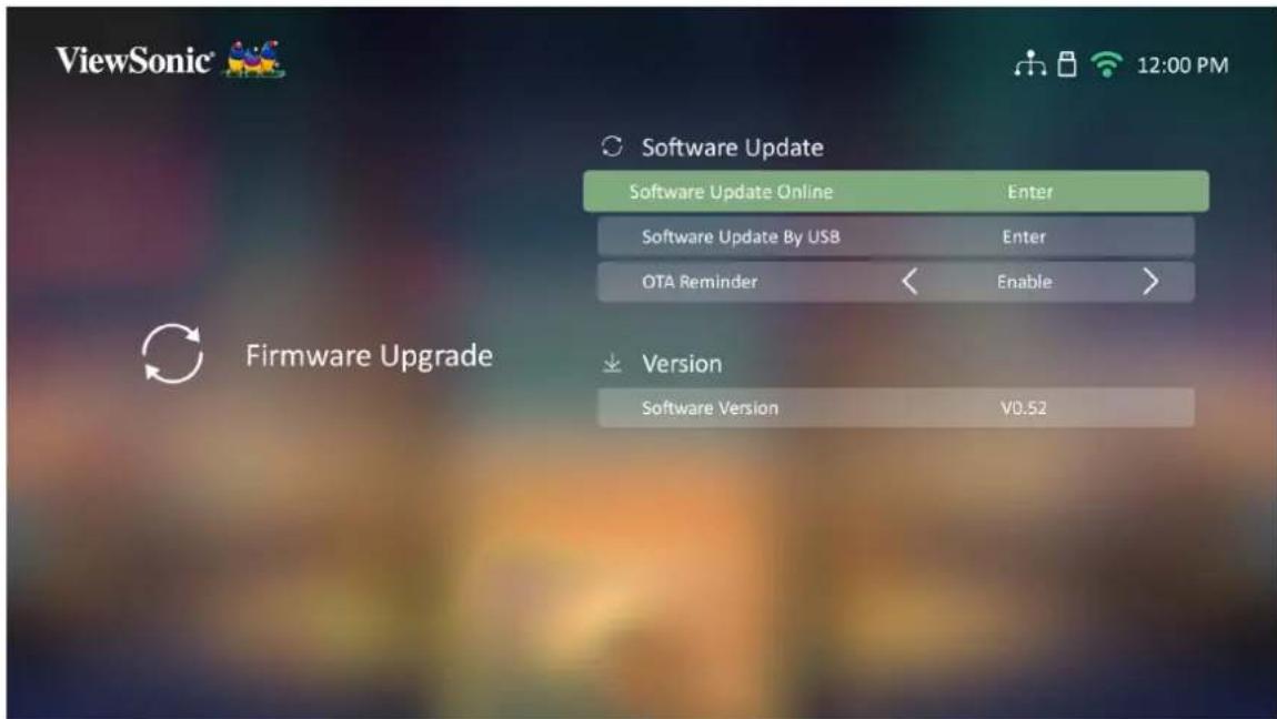 ViewSonic 12:00 PM Software Update Software Update Online Enter Software Update By USB Enter OTA Reminder Enable > Firmware Upgrade Version Software Version V0.52