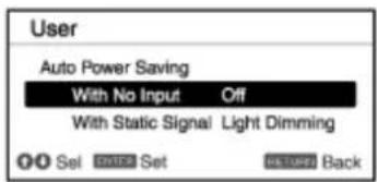 User Auto Power Saving With No Input Off With Static Signal Light Dimming OK Set Sat Back