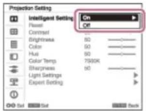 Projection Setting Intelligent Setting On Reset Off Contrast Brightness 50 Color 50 Hue 50 Color Temp 7500K Sharpness 50 Light Settings Expert Setting OK Set OK Back