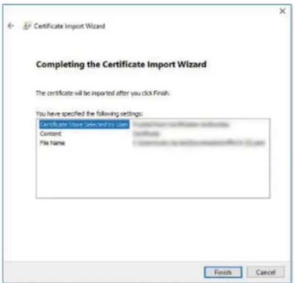 Certificate Import Wizard Completing the Certificate Import Wizard The certificate will be imported after you click Finish. You have specified the following settings: Certificate Name Selected to User Content File Name Finish Cancel