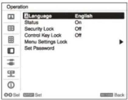Operation ALanguage English Status On Security Lock Off Control Key Lock Off Menu Settings Lock Set Password OK Set Back