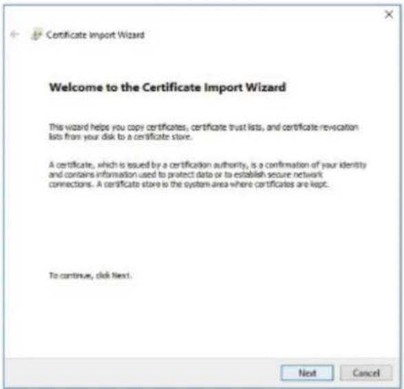 Certificate Import Wizard Welcome to the Certificate Import Wizard This wizard helps you copy certificates, certificate trust lists, and certificate revocation lists from your disk to a certificate store. A certificate, which is issued by a certification authority, is a confirmation of your identity and contains information used to protect data or to establish secure network connections. A certificate store is the system area where certificates are kept. To continue, click Next.