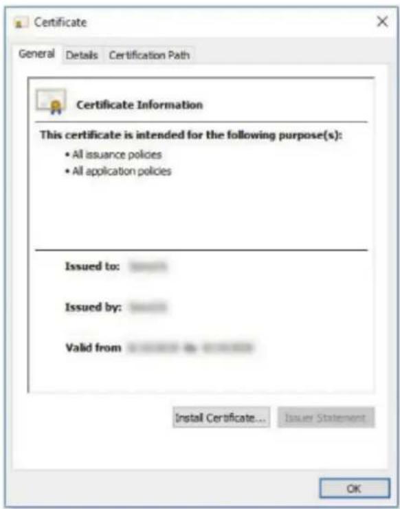 Certificate General Details Certification Path Certificate Information This certificate is intended for the following purpose(s): • All issuance policies • All application policies Issued to: Issued by: Valid from Install Certificate... Issuer Statement OK