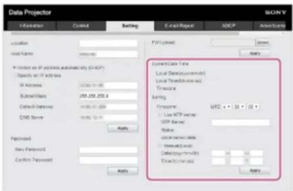Data Projector Information Control Setting Email Report ADCP Address Location Host Name: https://a.nj/ * Order an IP address automaticly (S-ICP) Specify an IP address IP Address: 0006211188 Submit List: 258.358.258.9 Cutoff Netway: 0006211188 CARS Server: 0006211188 Apply Password New Password: Confirm Password: Apply FV Connection Access Apply Connect Case Time Local Data(Username) Local Transfer(Usercode) Timeframe Setting Timeframe: VRC • 10 • 05 • Use NTP server NTP Server: Status: local name data Name@Local Database#m####d: Transactionkey: Apply SONY