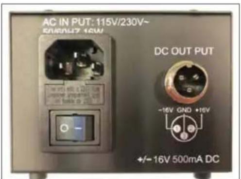AC IN PUT: 115V/230V~ 500V~ 45W DC OUT PUT -16V GND +16V +/- 16V 500mA DC