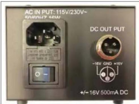 AC IN PUT: 115V/230V~ ENERGY 4.6W DC OUT PUT -16V GND +16V +/- 16V 500mA DC