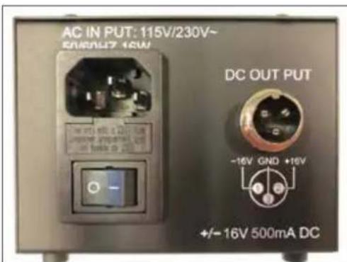 AC IN PUT: 115V/230V~ DC OUT PUT -16V GND +16V +/- 16V 500mA DC